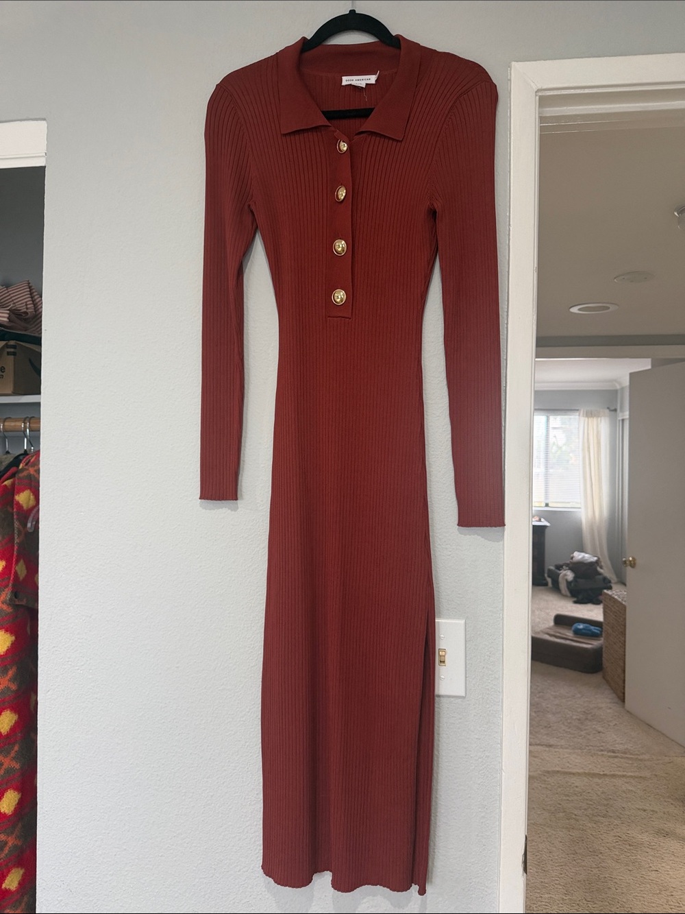 Good American Ribbed Long Sleeve Maxi Dress in Rust